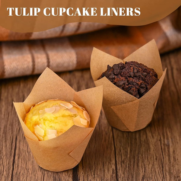 120 Tulip Muffin Cups Food Grade Baking Paper Non Stick High Temp Resistant Brown Baking Cups & Cases