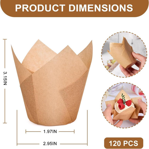 120 Tulip Muffin Cups Food Grade Baking Paper Non Stick High Temp Resistant Brown Baking Cups & Cases