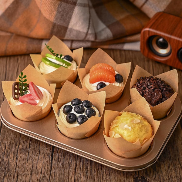 120 Tulip Muffin Cups Food Grade Baking Paper Non Stick High Temp Resistant Brown Baking Cups & Cases