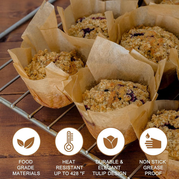 120 Tulip Muffin Cups Food Grade Baking Paper Non Stick High Temp Resistant Brown Baking Cups & Cases
