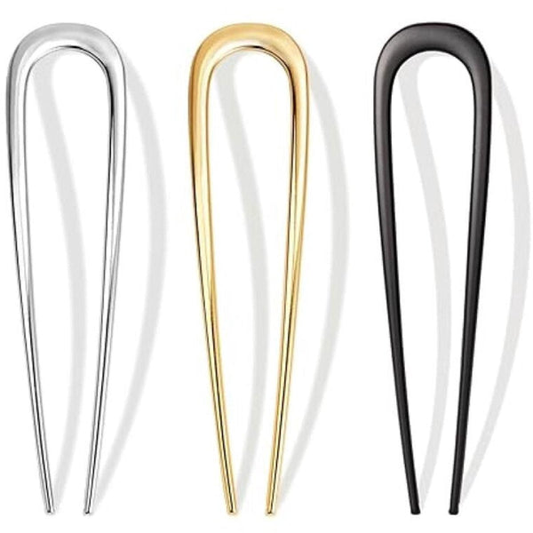 3 Piece U Shaped Hairpin Set Gold Silver Black Metal Hair Accessories