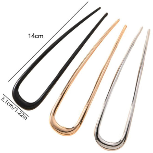 3 Piece U Shaped Hairpin Set Gold Silver Black Metal Hair Accessories