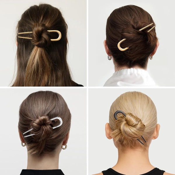 3 Piece U Shaped Hairpin Set Gold Silver Black Metal Hair Accessories