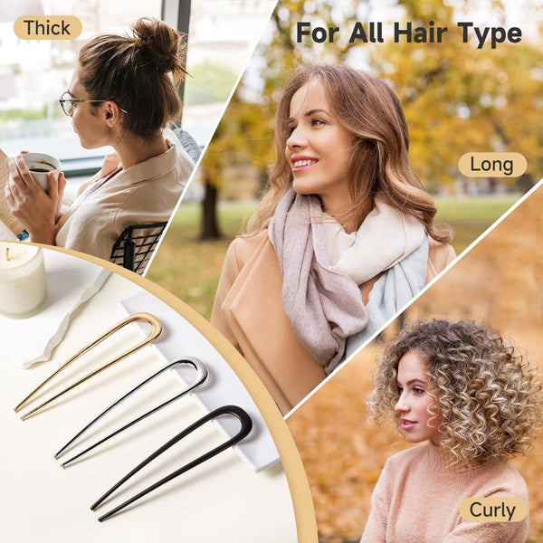 3 Piece U Shaped Hairpin Set Gold Silver Black Metal Hair Accessories