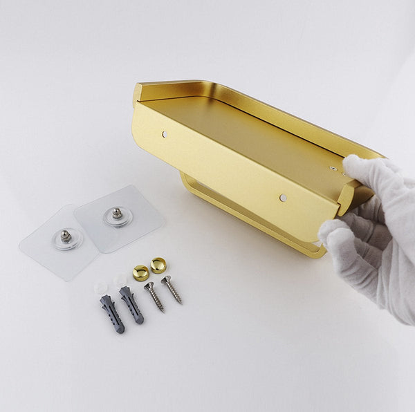 Toilet Roll Holder Wc Space Aluminum Gold Self Adhesive / Drilling Double Layer With Shelf 16.7 * 9.5 6.2 Cm Toilet Paper Holders & Storage