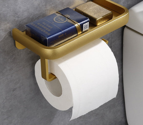 Toilet Roll Holder Wc Space Aluminum Gold Self Adhesive / Drilling Double Layer With Shelf 16.7 * 9.5 6.2 Cm Toilet Paper Holders & Storage