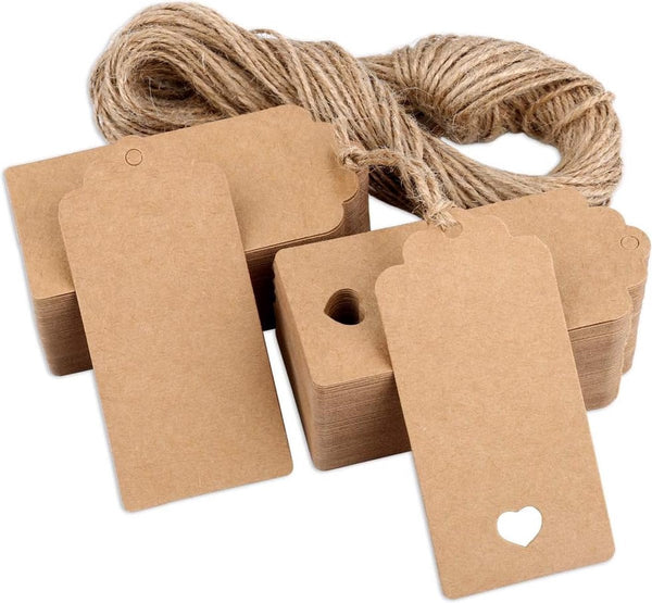 100X Kraft Cardboard Labels With Jute Rope Gift Tags 9.5 4.5 Cm Heart Writable Paper Name Blank Price Multifunctional Thick & Sturdy Gift Boxes