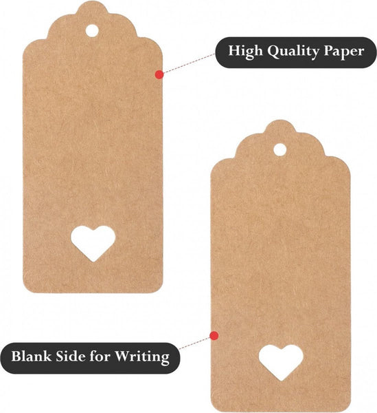 100X Kraft Cardboard Labels With Jute Rope Gift Tags 9.5 4.5 Cm Heart Writable Paper Name Blank Price Multifunctional Thick & Sturdy Gift Boxes