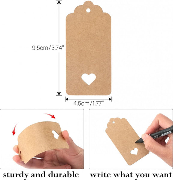 100X Kraft Cardboard Labels With Jute Rope Gift Tags 9.5 4.5 Cm Heart Writable Paper Name Blank Price Multifunctional Thick & Sturdy Gift Boxes