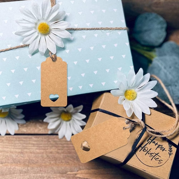 100X Kraft Cardboard Labels With Jute Rope Gift Tags 9.5 4.5 Cm Heart Writable Paper Name Blank Price Multifunctional Thick & Sturdy Gift Boxes