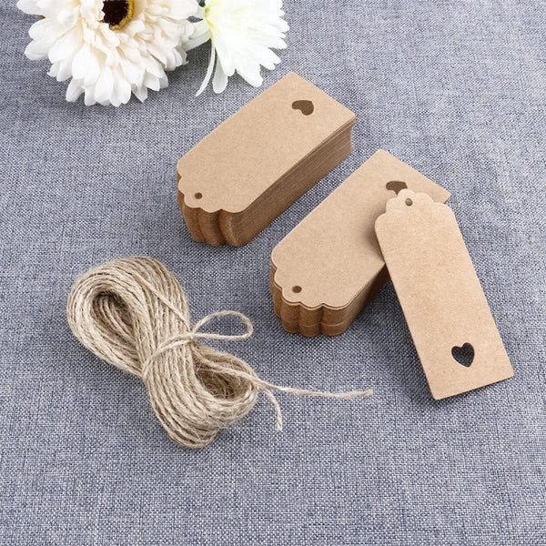 100X Kraft Cardboard Labels With Jute Rope Gift Tags 9.5 4.5 Cm Heart Writable Paper Name Blank Price Multifunctional Thick & Sturdy Gift Boxes