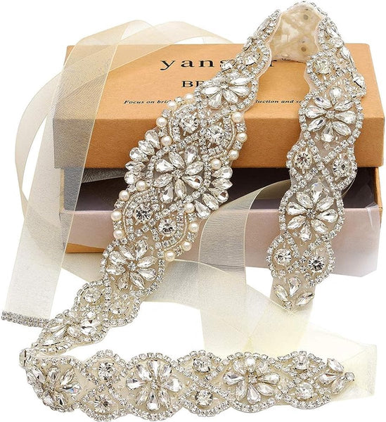 Bridal Belt Hand Rhinestone Wedding Clear Crystal 55Cm Long White Organza Ribbon For Dresses Silver Belts & Sashes