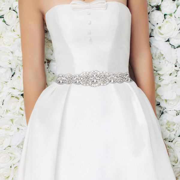Bridal Belt Hand Rhinestone Wedding Clear Crystal 55Cm Long White Organza Ribbon For Dresses Silver Belts & Sashes
