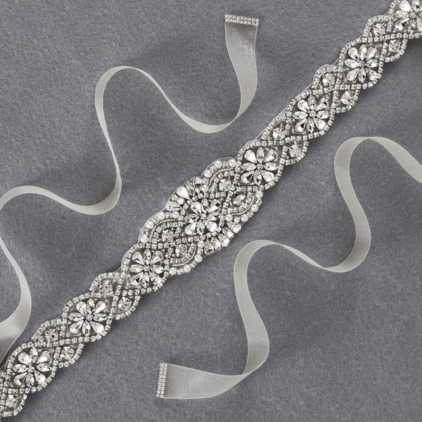 Bridal Belt Hand Rhinestone Wedding Clear Crystal 55Cm Long White Organza Ribbon For Dresses Silver Belts & Sashes
