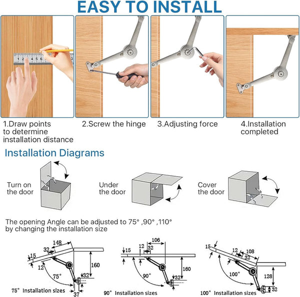 2 Pieces Flap Hinge Kitchen Cabinet Furniture Overlay With Brake Screws And Allen Key Zinc Alloy Nickel Plated Max. Weight Support 10Kg Furniture Part