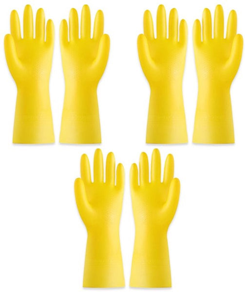 Reusable Waterproof Rubber Gloves 3 Pairs Household Dishwashing Size L Yellow Cleaning Gloves