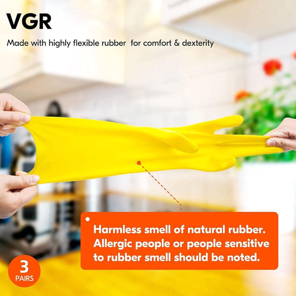 Reusable Waterproof Rubber Gloves 3 Pairs Household Dishwashing Size L Yellow Cleaning Gloves