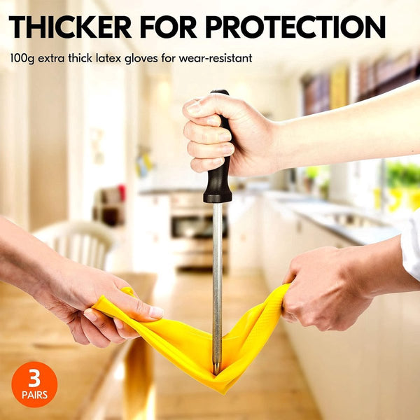 Reusable Waterproof Rubber Gloves 3 Pairs Household Dishwashing Size L Yellow Cleaning Gloves