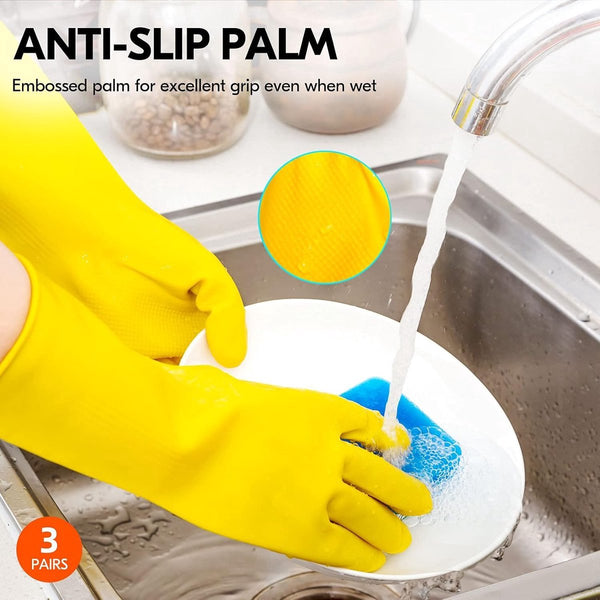 Reusable Waterproof Rubber Gloves 3 Pairs Household Dishwashing Size L Yellow Cleaning Gloves