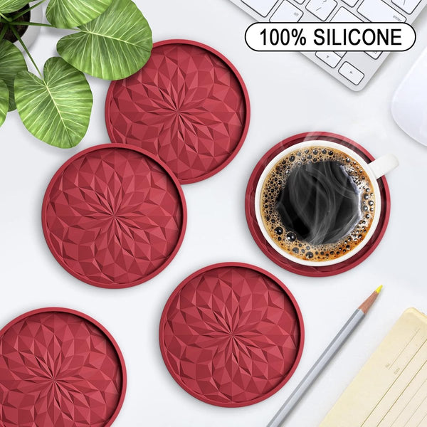With Holder 6 Pieces For Glasses Silicone Non Slip Red Round Raised Edges To Prevent Spills Hot Or Cold Drinks Protect Table Tops Coasters