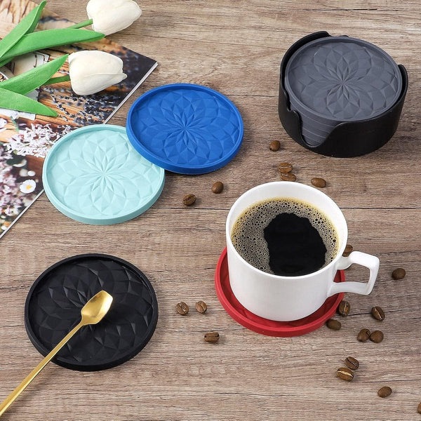With Holder 6 Pieces For Glasses Silicone Non Slip Red Round Raised Edges To Prevent Spills Hot Or Cold Drinks Protect Table Tops Coasters