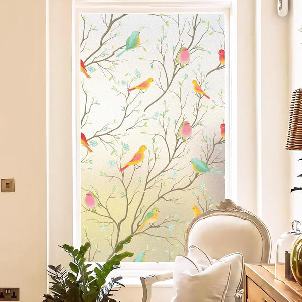 Film Glue Free Adhesive For Windows And Bathrooms 30Cm X 1M Pvc Static Easy Installation Colourful Branches Birds Window Film
