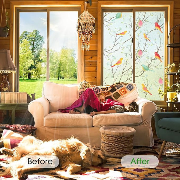 Film Glue Free Adhesive For Windows And Bathrooms 30Cm X 1M Pvc Static Easy Installation Colourful Branches Birds Window Film