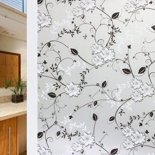 Self Adhesive Film Easy Installation 50*200Cm Frosted Glass With Flowers Black White Pvc Decoration Window Film