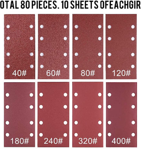80 Piece Sandpaper Set: 40 400 Grit 185X93mm Hole Flocked Sanding Sheets Red Sanders