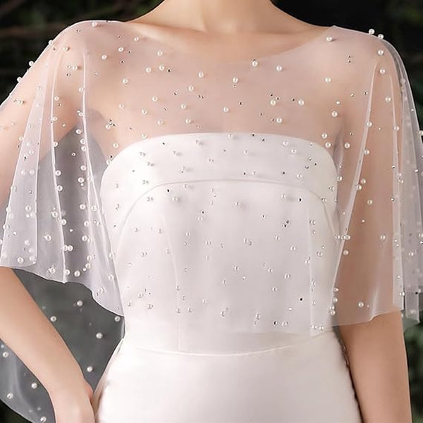 White Pearl Chiffon Capelet Shawl For Weddings & Evening Wear Scarves & Wraps