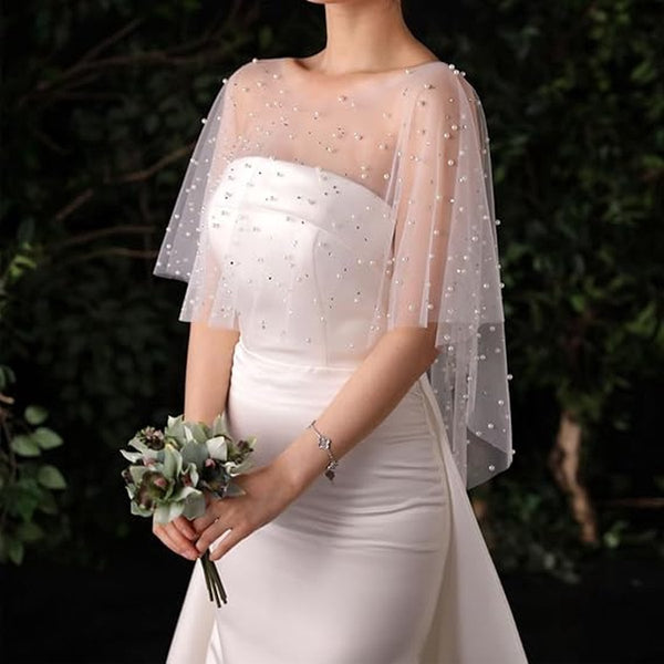 White Pearl Chiffon Capelet Shawl For Weddings & Evening Wear Scarves & Wraps
