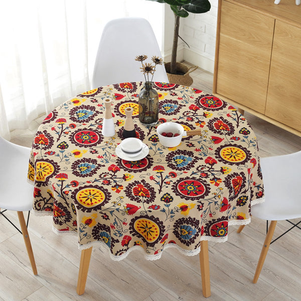 Bohemian Floral Cotton Linen Round Tablecloth 150Cm Table Cloths