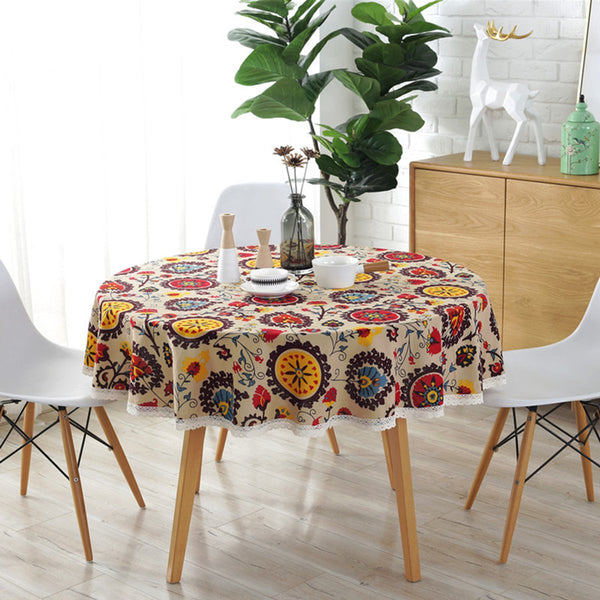 Bohemian Floral Cotton Linen Round Tablecloth 150Cm Table Cloths