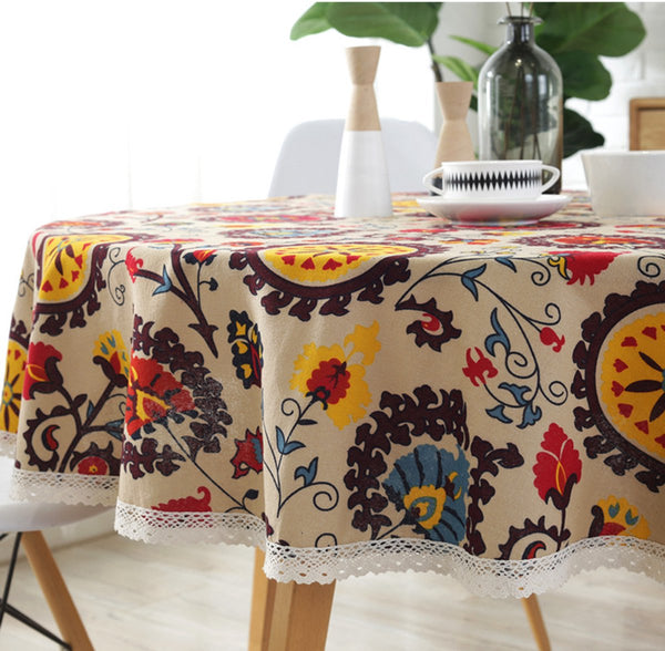 Bohemian Floral Cotton Linen Round Tablecloth 150Cm Table Cloths