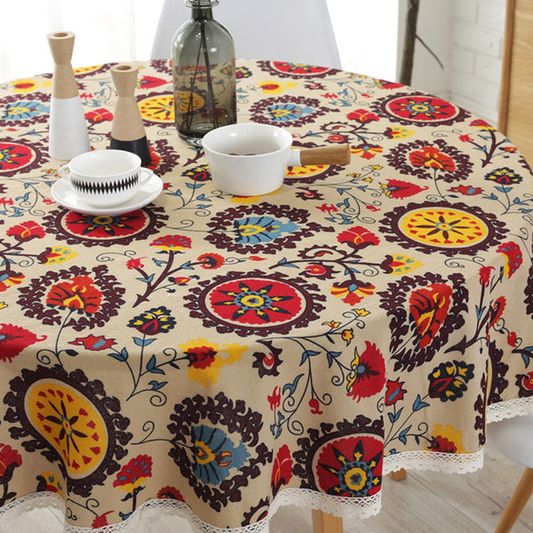 Bohemian Floral Cotton Linen Round Tablecloth 150Cm Table Cloths