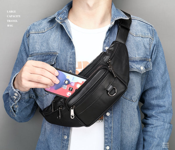 Belt Bag Phone Crossbody Pouch Leather Black 19 X 11 3 Cm 6 Compartments Durable Waterproof For Travel Outdoor Hiking Sports Waist Packs & Bags
