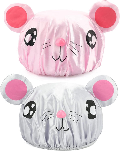 Cute Double Layer Waterproof Shower Caps For Kids Pink & Gray Mouse Design (2 Pack) Other Shower & Bath Accessories