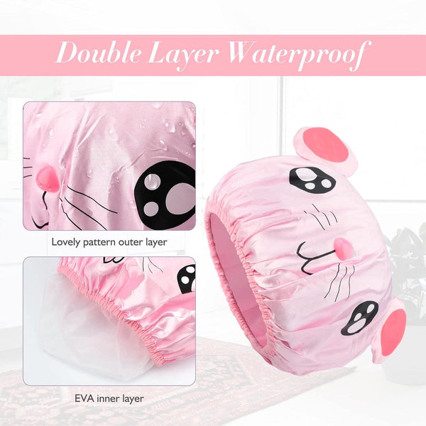 Cute Double Layer Waterproof Shower Caps For Kids Pink & Gray Mouse Design (2 Pack) Other Shower & Bath Accessories