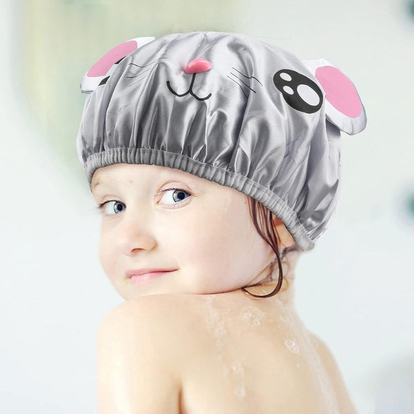 Cute Double Layer Waterproof Shower Caps For Kids Pink & Gray Mouse Design (2 Pack) Other Shower & Bath Accessories