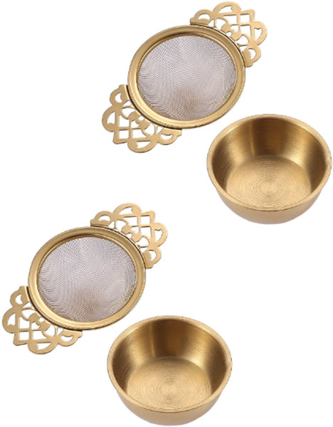 2 Pieces Tea Strainer With Handle And Drip Plate Gold Filter For Loose Infuser Stainless Steel 11.2*6.5*2.5Cm Other Coffee Tea & Espresso Makers