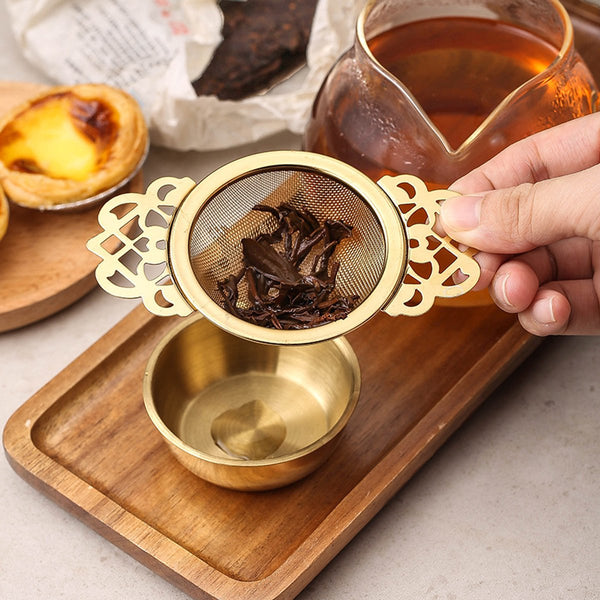2 Pieces Tea Strainer With Handle And Drip Plate Gold Filter For Loose Infuser Stainless Steel 11.2*6.5*2.5Cm Other Coffee Tea & Espresso Makers