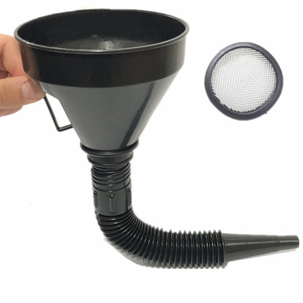 Car Oil Funnel With Flexible Spout And Filter 142 Mm 39 Cm Black Plastic Hose Filling Up / Petrol Fuel Funnels