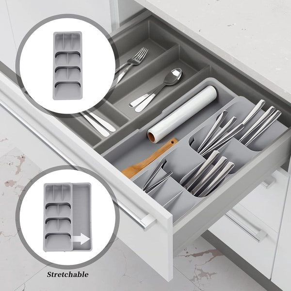 2 In 1 Cutlery Storage Box Drawer Organizer Pull Out Tray Divider Kitchen Gray Pp 40.5X16.5X5.5Cm Drawer Organisers