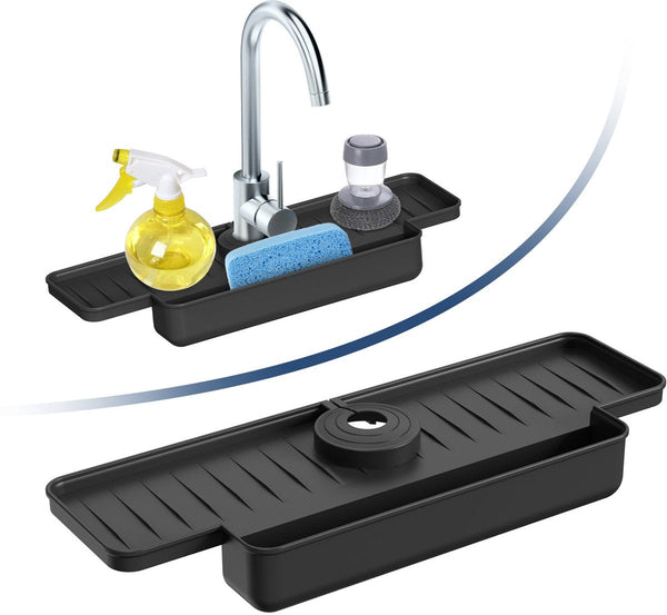 Silicone Tap Mat With Sponge Holder Black 40Cm Sink Organisers