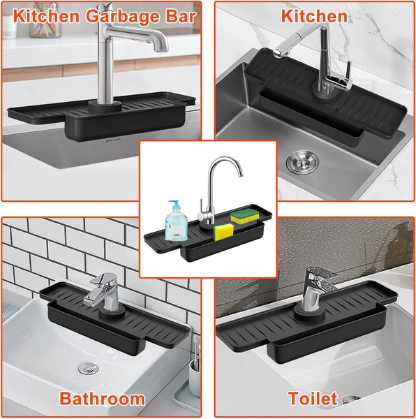 Silicone Tap Mat With Sponge Holder Black 40Cm Sink Organisers