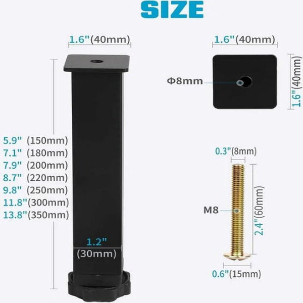 Bed Frame Support Leg 4 Pieces 35 Cm (+2 Cm) Adjustable Black Cold Rolled Iron Furniture Legs Retractable For Frames With M8a60 Mm Bolt Furniture Part