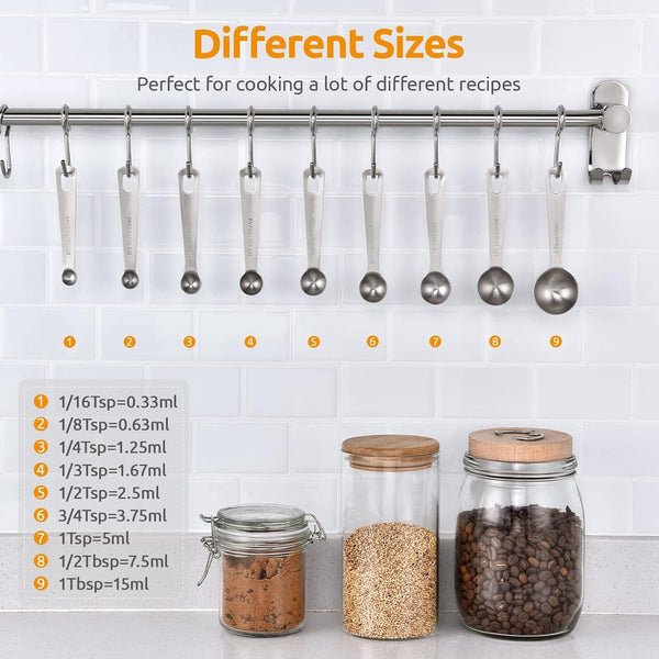 Measuring Spoons Set 9 Pieces Cups Bpa Free Gram & Ml Weighing Stainless Steel Silver 15Ml / 7.5Ml 3.75Ml 2.5Ml Measuring Cups Jugs & Spoons