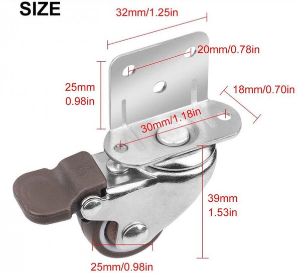 Casters Set Of 4 With Brakes 25Mm + Screws Tpr Rubber Heavy Duty Wheels 15Kg Furniture For Trolley Castor Wheels