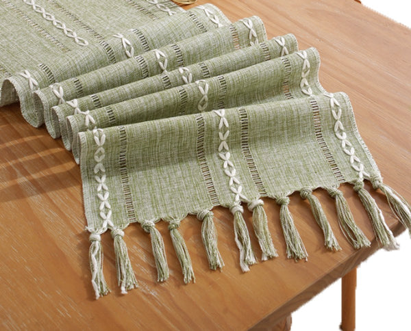 Boho Tassel Embroidered Table Runner Green Polyester 33 X 120Cm Table Runners