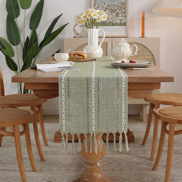 Boho Tassel Embroidered Table Runner Green Polyester 33 X 120Cm Table Runners